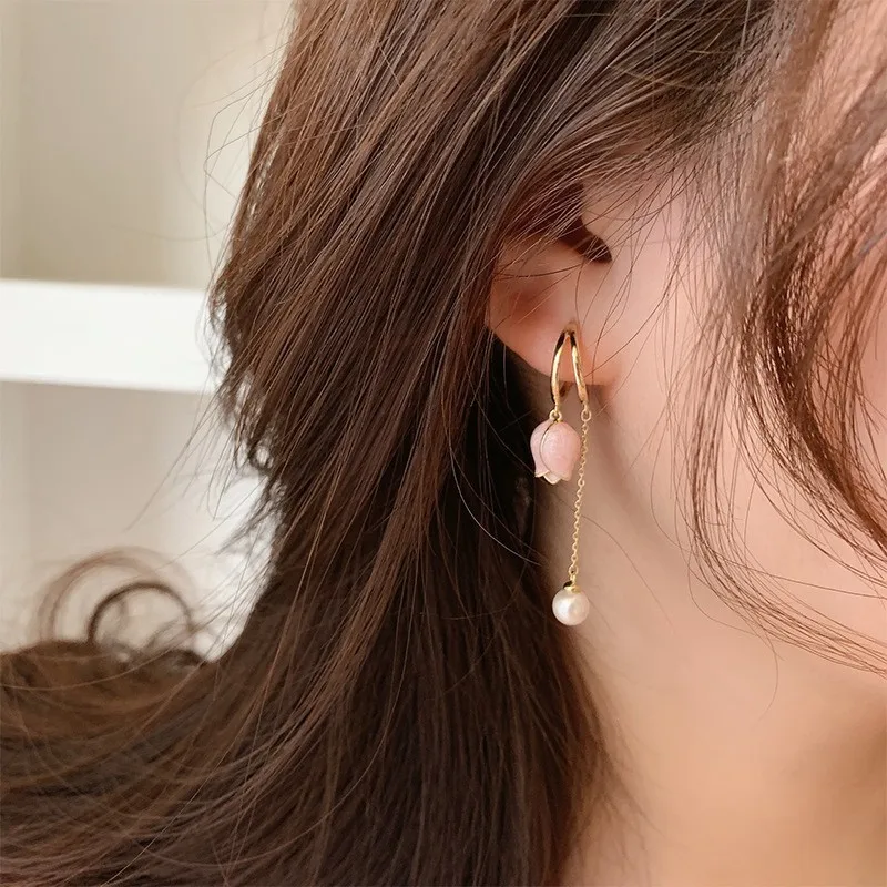 2023 New Korean Elegant Irregular Pink Tulip Long Tassel Earrings For Women Fashion Imitation Pearl Jewelry Gifts