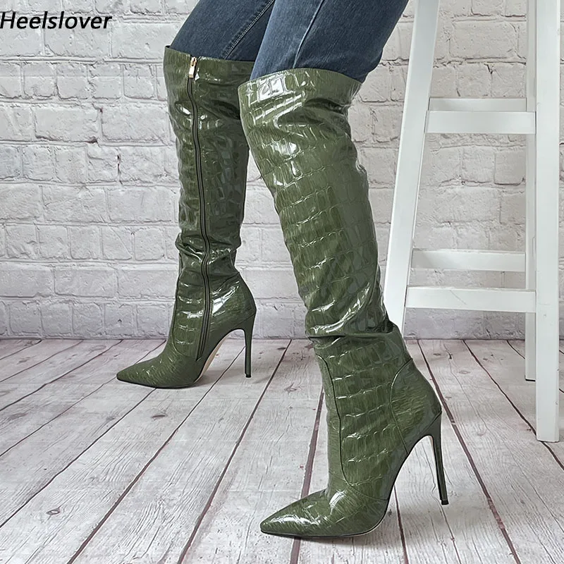 Ahhlsion Handmade Women Winter Knee Boots Stone Pattern Thin Heels Pointed Toe Dark Green Party Shoes Ladies US Size 5-15