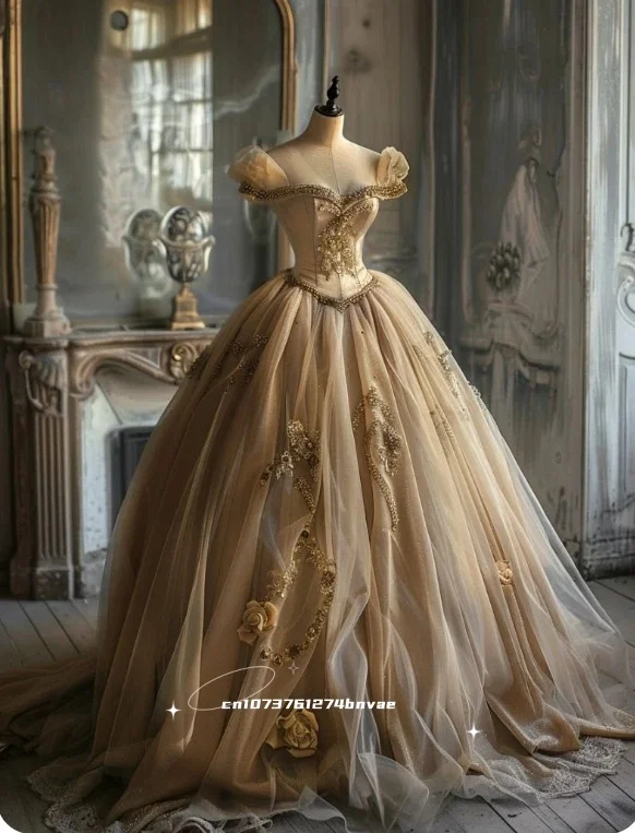 วินเทจแชมเปญพรหมชุดลูกปัดดอกไม้A Ppliquesปิดไหล่T Ulleยาวบอลชุดที่กําหนดเองเจ้าหญิงพรรคสวมใส่