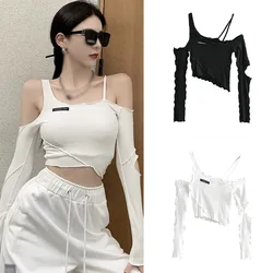 Women Off Shoulder Crop Top Autumn Sexy Hollow Out Half  Sleeve Tee Shirt Slim Skinny Ribbed Knitted T-shirt Irregular Tops