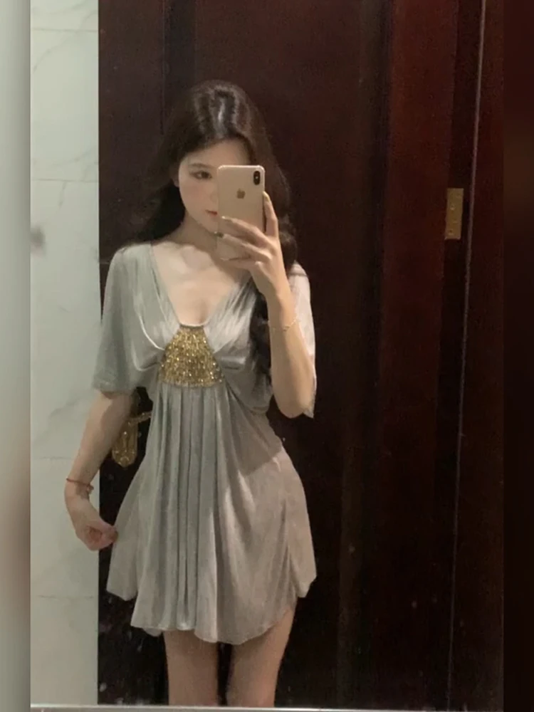 

XZY Ele Heavy-Du Diamond Embellied V-Ne ort Dr Women's Summer Casual Loose Fit Polyester Fiber A-Line Skirt