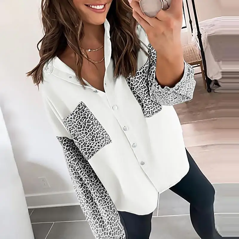 

Autumn New Women's Long irt Jaet with ket Leopard Print Casual Comfortable Loose Fit Regular Thin Home Use