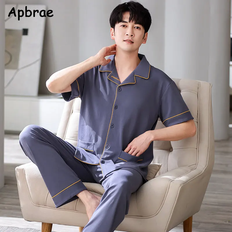 Men Short Sleeve Long Pants Pajamas Set Cotton Summer Autumn High Quality Pajama for Gentleman Elegant Pijamas Mens Sleepwear