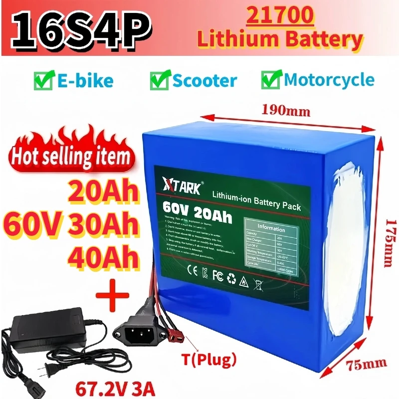 

Original 60V 40Ah 16S4P 21700 Lithium Battery Pack 1000W-3000W 20A BMS T Plug for Electric bicycle Motorcycle scooter battery