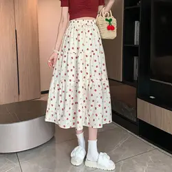 Women's Clothing Broken Flowers Midi Skirts Chic High Waist Elastic Summer Fashion Folds Spliced A-Line Casual Printed Skirts