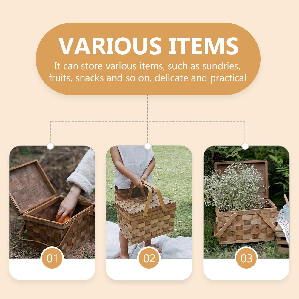 

Wood Chip Woven Basket Reusable Picnic Baskets Countertop Fruit Fruits Handheld Vegetable Portable Hampers Meal