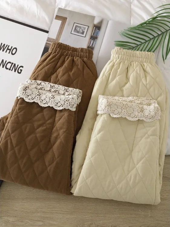 

Women's Thiened down Cotton Pants High Waist Elastic Casual Harlan Autumn Winter Outerwear Slimming Long Straight Tube Trou...