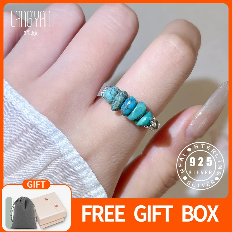 

Langyan Handmade Irrgular 925 Sterling Silver Beaded Finger Ring Natural Turquoise Tail Ring Flexible Vintage Women's Jewelry