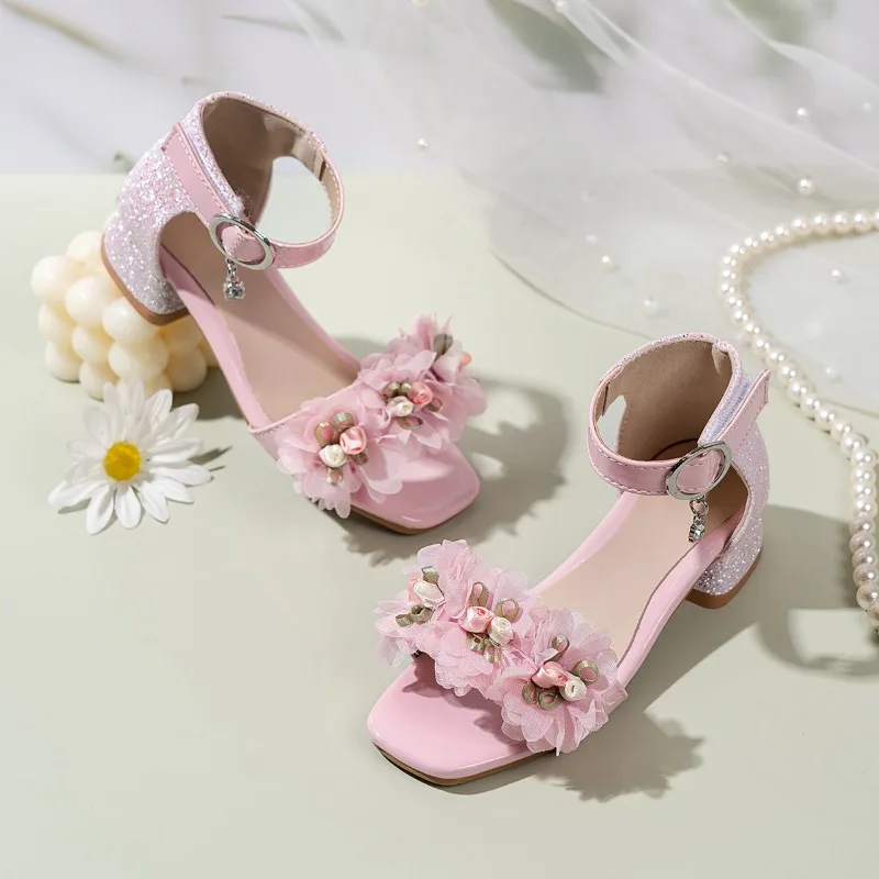 

Children's Pink Floral Sandals - Tulle Flower Decor Glitter Detail Ankle Buckle Low Heel Cute Party Footwear for Kids Girl Shoes