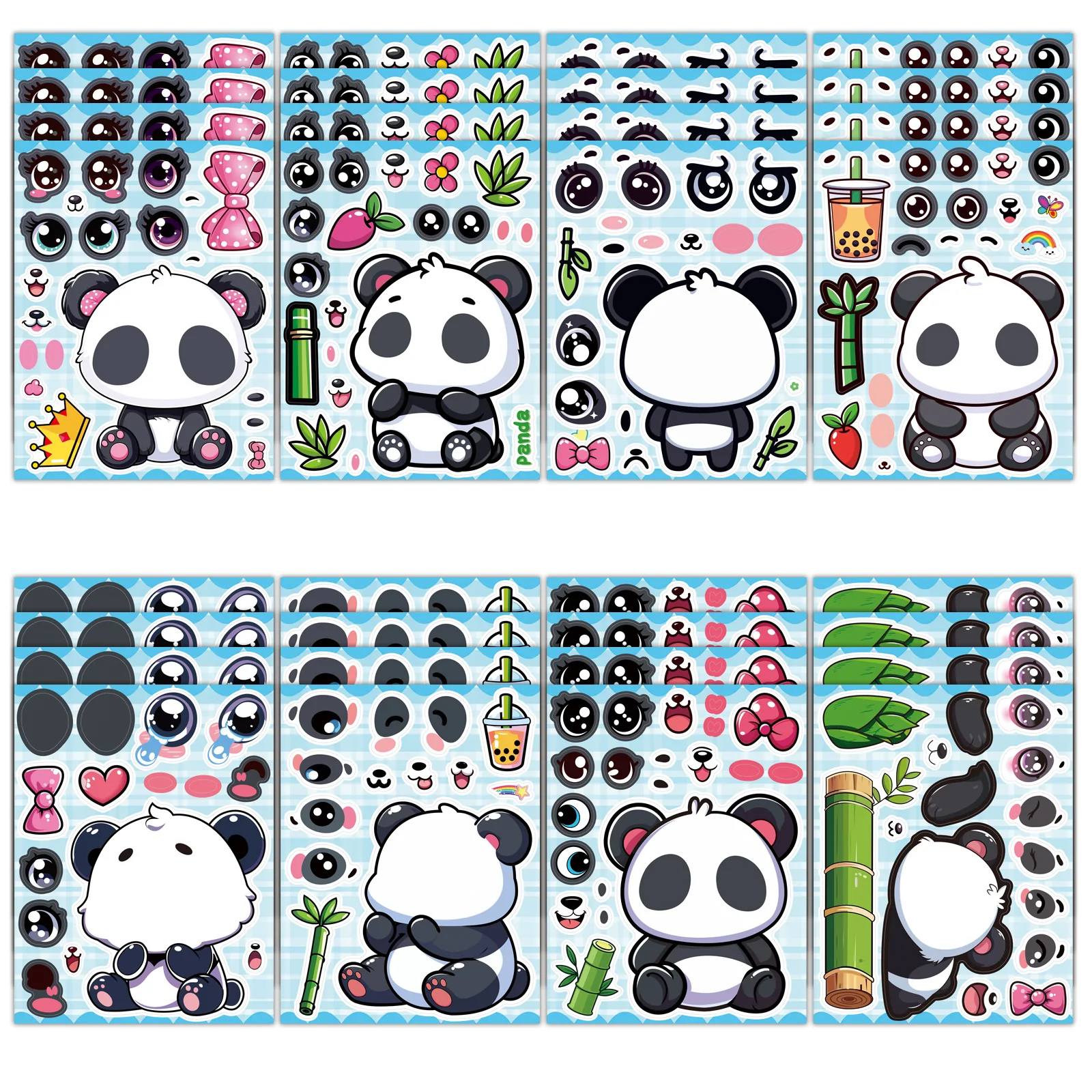 8pcs Little Panda Face Changing Stickers Kids Educational Diy Decals For Phone Ipad Water Bottle Notebook Cute Cartoon Decor