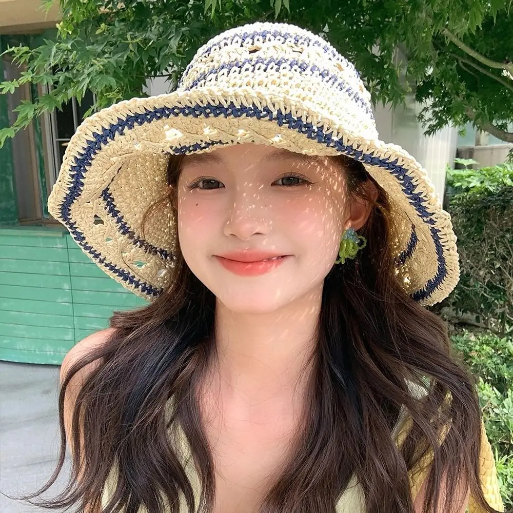 

Fashion Handmade Straw Bucket Cap Summer Vacation Weave Crochet Hat Beach Hollow Fisherman Caps Girls
