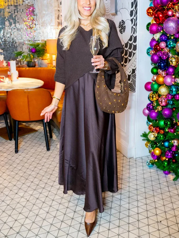 

Elegant Lady Satin Long Dress Sets Casual New Women's Winter Commute Outfits Fashion O-neck Knitted Pullovers&Halter Dress Sets