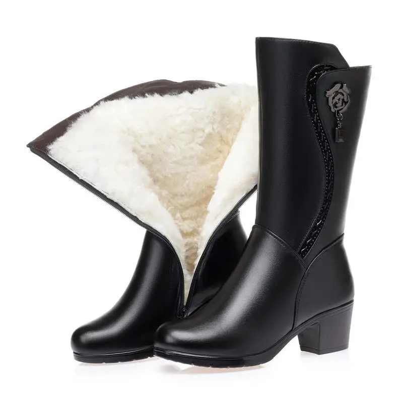 

Winter Women's Leather Boots Plush Warm Snow Boots Fashion Mid-calf High Heel Boots for Women High-quality Female Women Shoes