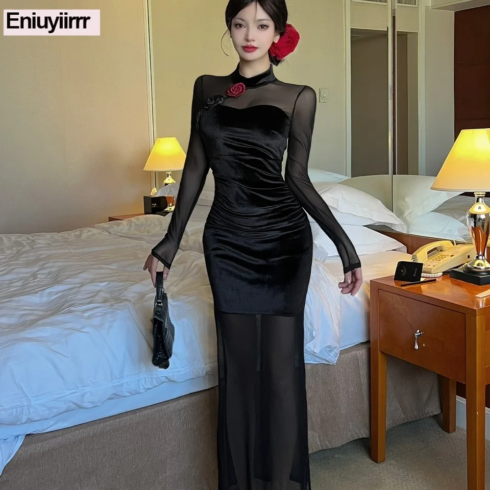 ชุดเดรสกำมะหยี่สีดำ แฟชั่นใหม่สำหรับผู้หญิง ดีไซน์ฝรั่งเศส ทรงเข้ารูป สไตล์เรโทร วินเทจ ผ้าตาข่ายยาวโปร่งบาง สง่างาม คอตั้ง