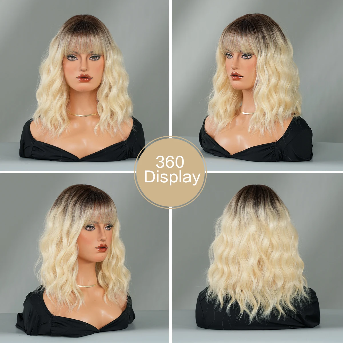 Shoulder Length Water Wave Blonde Wig for Women High Density Synthetic Layered Modest Fashion Wigs with Dark Roots HeatResistant - view 5