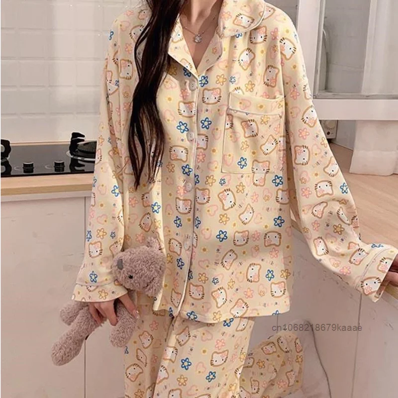 Sanrio Hello Kitty Women\'s Spring Autumn Sleepwear Long Sleeve Cotton Cartoon Print Pajamas Japanese Style Casual Home Wear Set