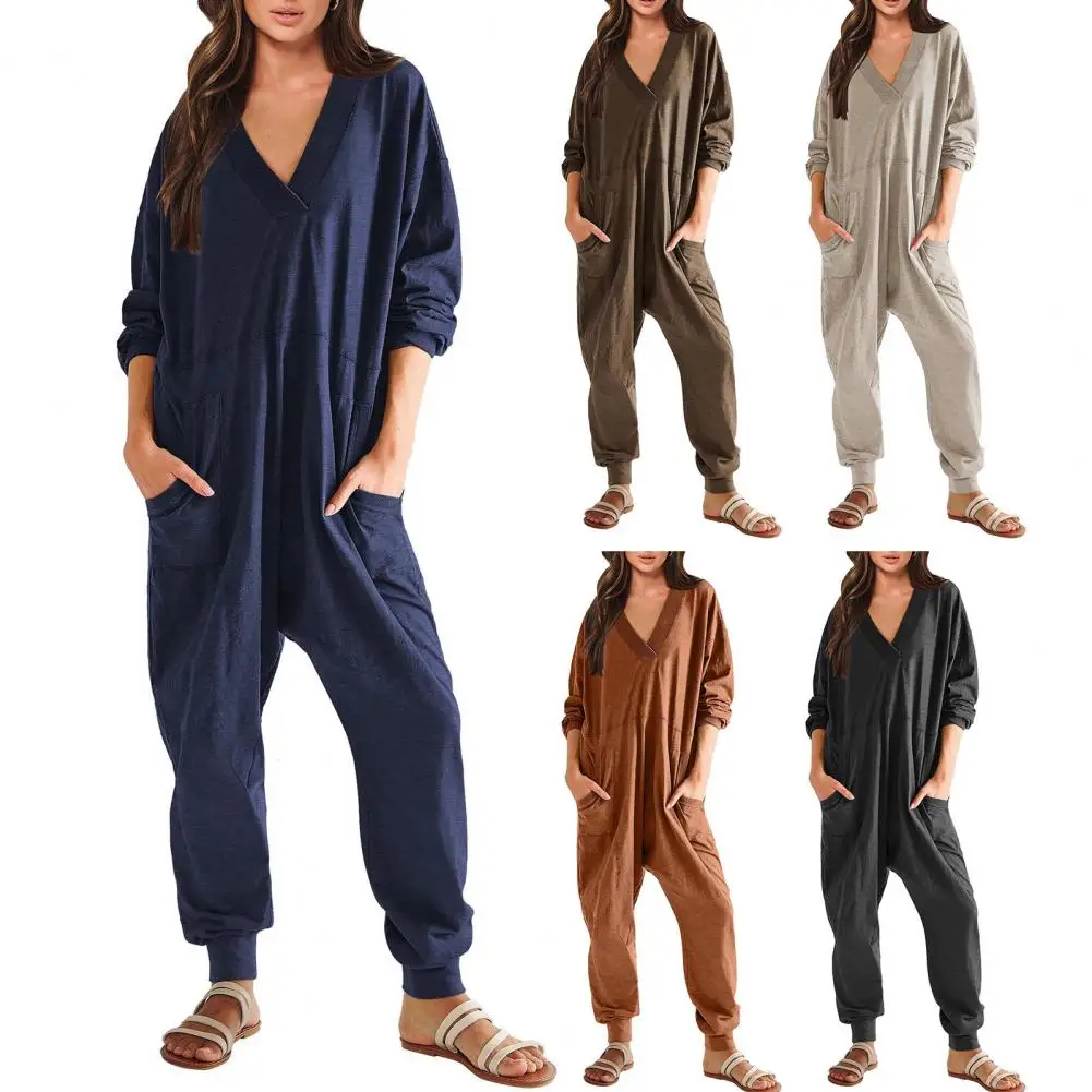 

Women Long Sleeve Jumpsuit Cozy Women's V Neck Jumpsuit with Pockets Deep Crotch Oversized Solid Color Fall Winter for Ladies