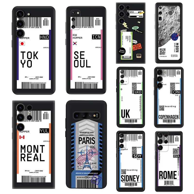 UK Seoul Travel Ticket Label Silicone Black Phone Cases for Samsung Galaxy S23 S24 Ultra S22 S21 S20 FE Plus Note20 S10 5G E