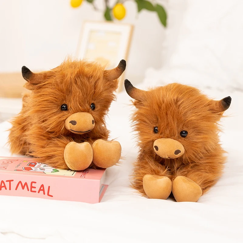 

36cm Lying Highland Cattle Simulation Wild Animal Plush Toy Brown Fuzzy Long Fur Plushie Birthday Men Gift