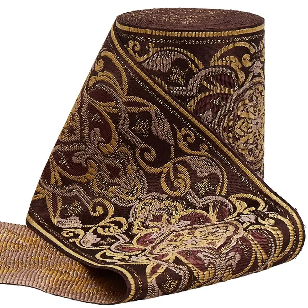 

5.5 Yard Vintage Jacquard Trim 3.5 Inch Wide Boho Ribbon Light Khaki Polyester Embroidery Ethnic Woven Floral Fabric Lace Tr