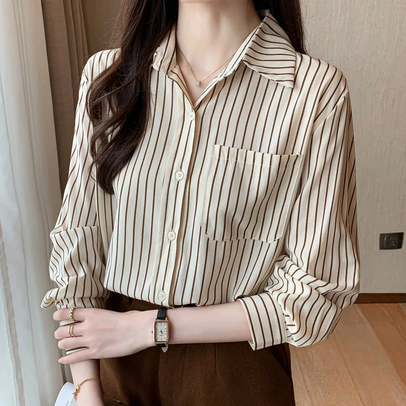 Women Clothing Fashion Khaki Striped Long Sleeve Shirt Autumn New Pure Cotton Loose All-match Blouses Office Lady Pockets Tops