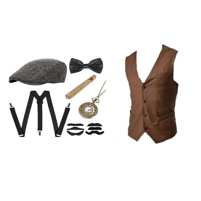 مجموعة أزياء وإكسسوارات العصابات من HAni 2025 معطف Steampunk صدرية Peaky Blinders Vest ساعة جيب 1920s للرجال غاتسبي ☆ ★ ww