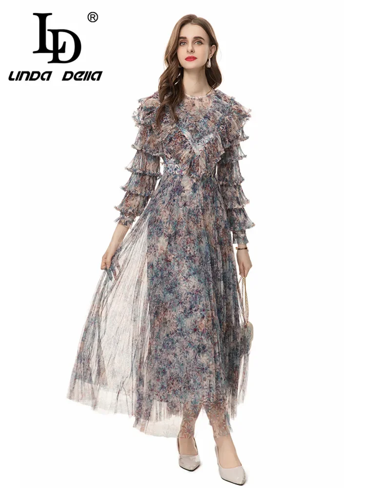 LD LINDA DELLA Summer Runway Temperament Vacation Dress Women's Small Floral Print Net Yarn Cascading Ruffle Long Dresses