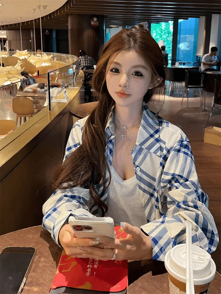 

Retro Lady Plaid Shirt Women's Spring Korean Style New Model Button up Casual Loose Fit Long Sleeve Checkered Top