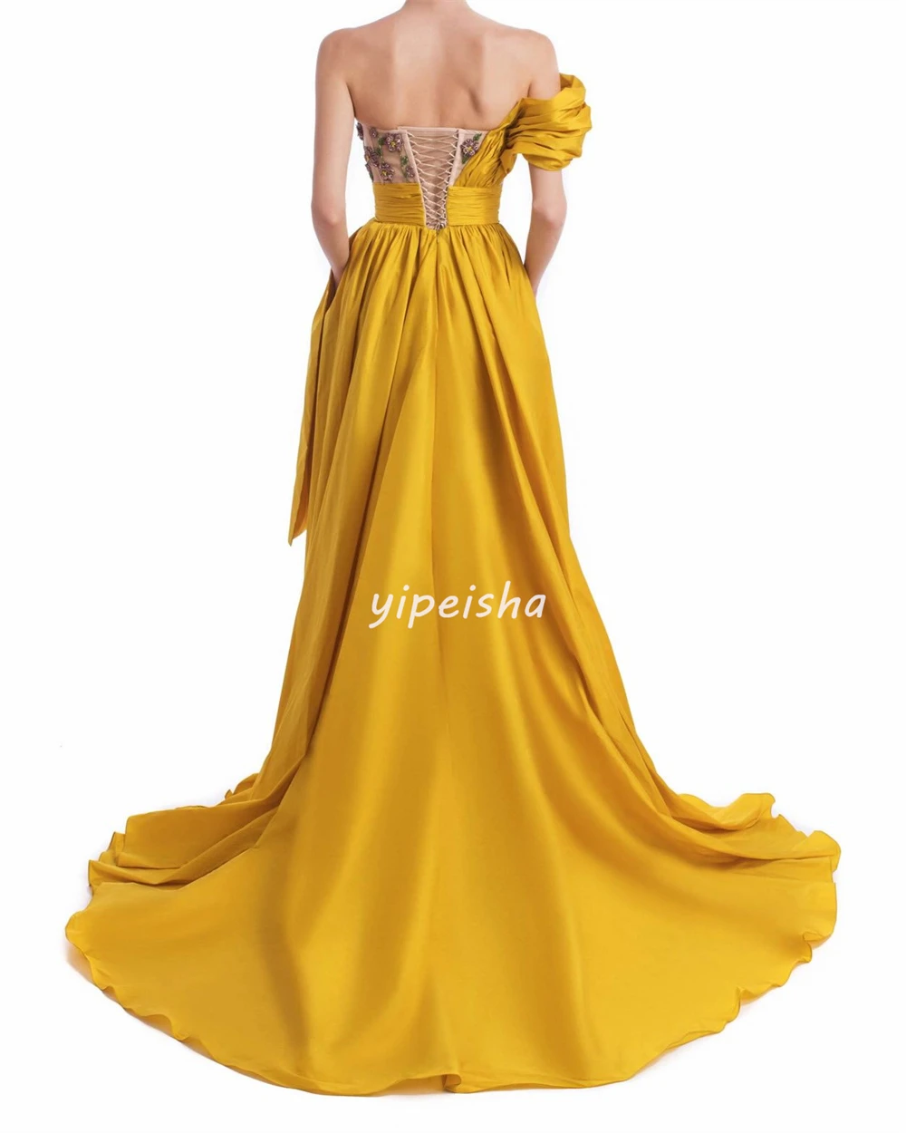 Customized Elegant Women Jersey Beading Ruched A-Line Evening Dresses Classic Strapless Sleeveless Floor Lenght Prom Dresses