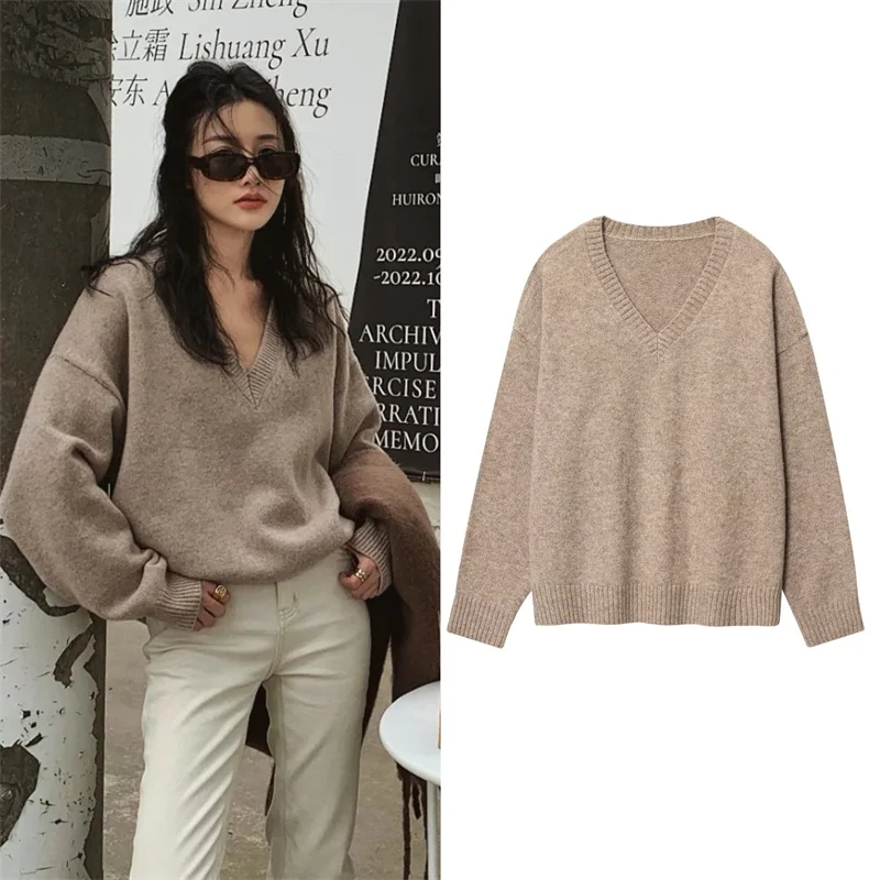 Women's Top 2025 Autumn New Style Khaki Long Sleeve V-Neck Relaxed Simple Knit Pullover Top Casual and Versatile