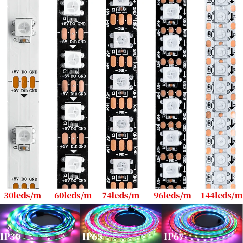 

1-5M WS2812 Smart RGBIC color LED Strip light 30/60/74/96/144leds/m WS2812B Individually Addressable soft Pixels lighting lamp