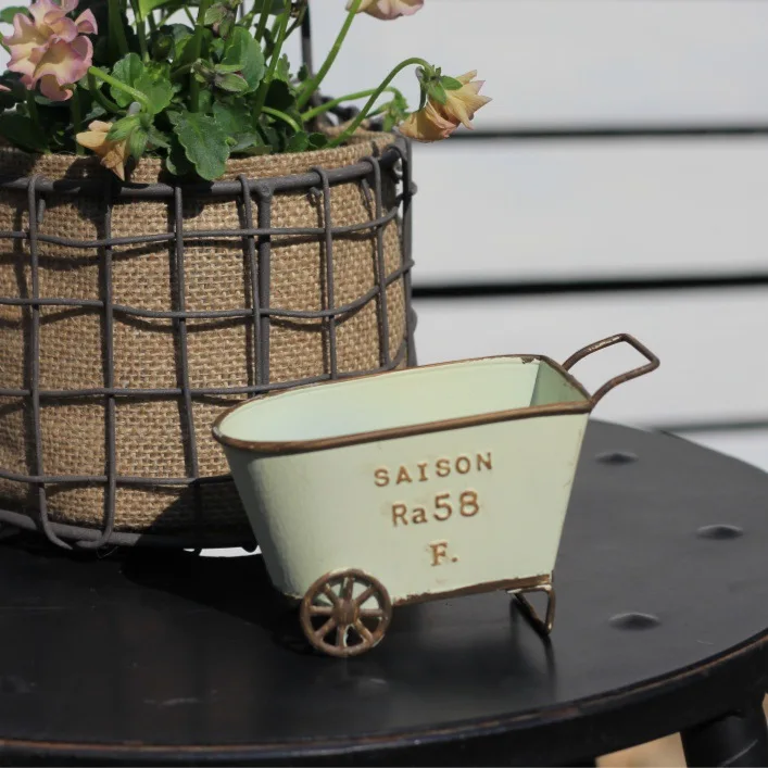 Vintage Iron Two-Wheel Cart Planter, Rustic Distressed Flower Pot for Balcony Courtyard, B&B Landscape Decor
