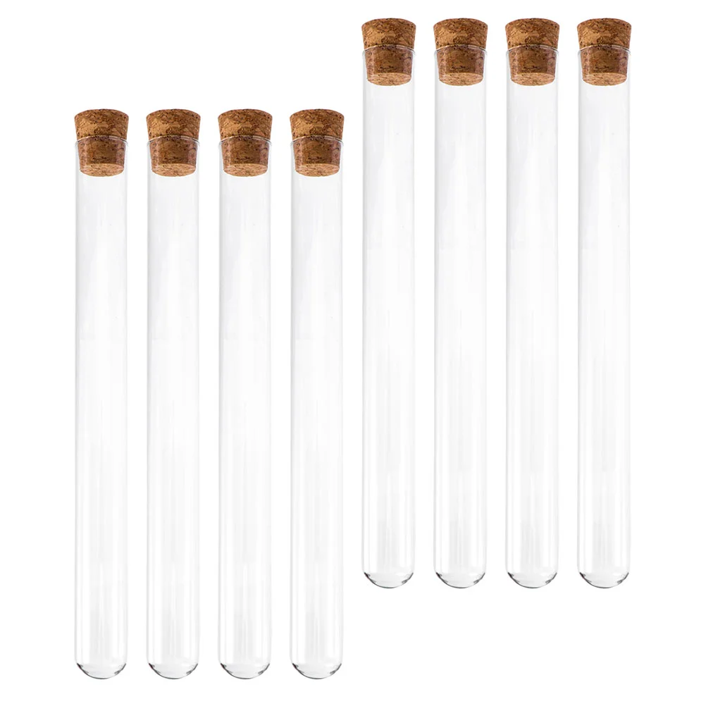 8 Pcs Glass Test Tube Sample Storage Tubes Liquid Containers with Stoppers Science Wooden Bamboo Teaching Tool Clear