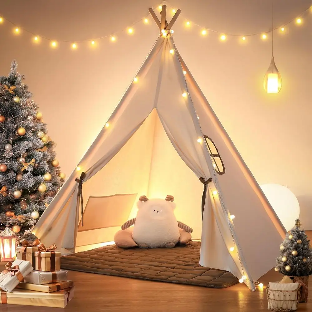 

Kids Tent, Teepee Play Tent with Lights and Padded Mat, Portable Cotton Tipi for Indoor Reading and Playtime
