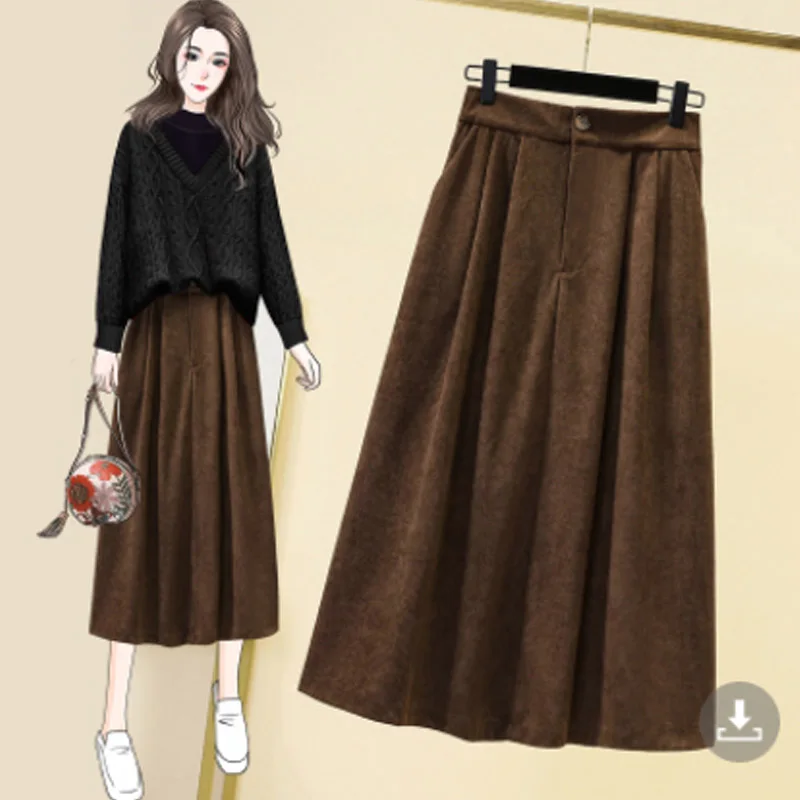 Corduroy Midi Skirts Loose Oversized Women Skirts 2023 Autumn Winter Thick Lady Skirt  A-Line Elastic Waist Female Skirt KE1739