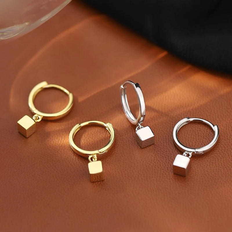 Women's Fashion Smooth Golden Hoop Earrings Tiny Huggies With Cubic Square Pendant Female Charm Dangle Earring Accessories Gifts