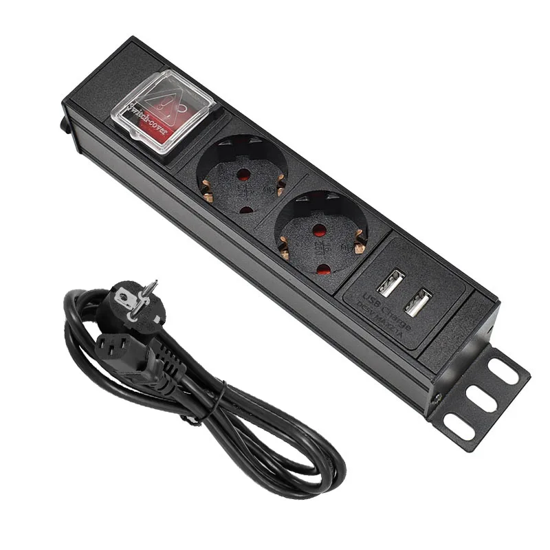 

2 Ways PDU Power Strip EU Power Strip Socket with IEC-C14 Port Outlet extend with Circuit Breaker Switche 2 USB