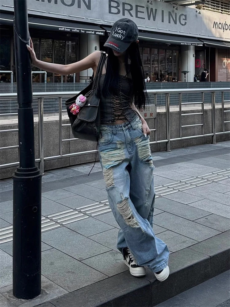 

Summer Women's Multiple Hole Designs Distressed Jeans High Waist Wide Legs Trousers Cool Girl Casual Bottoms Female Denim Pants