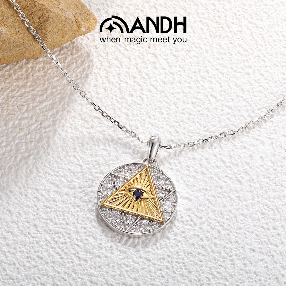 

ANDH Blue Corundum Moissanite Necklace All-Seeing Eye Sparkling Diamond Round Pendant Fine Jewelry S925 Sterling Silver Unisex