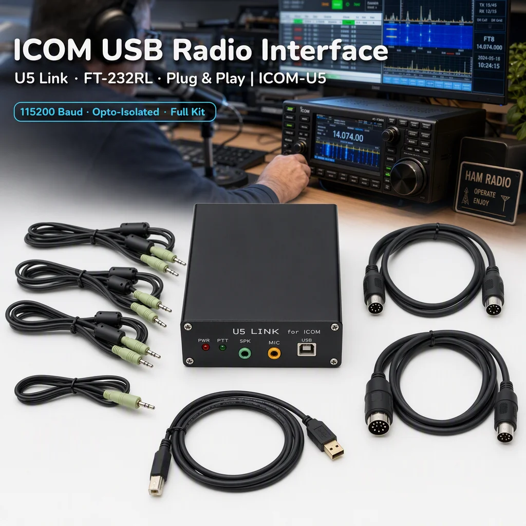 U5 Link Radio Connector for ICOM DIN8 to DIN8 USB Cable FT-232RL Chip 6N137 Optocoupler 115200 bps Plug and Play Ham Radio