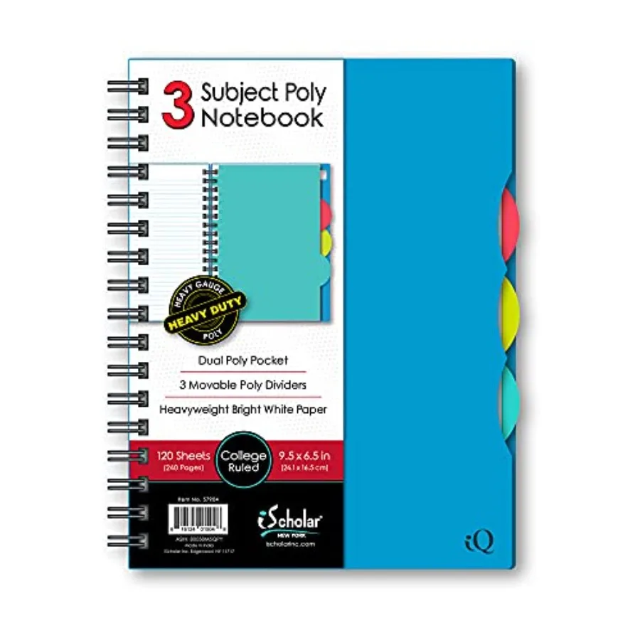 

iQ 3 Subject Poly Cover Double Wire Notebook, College Rule, 9.5 x 6.5 Inches, 120 Sheets, Color May Vary 57904
