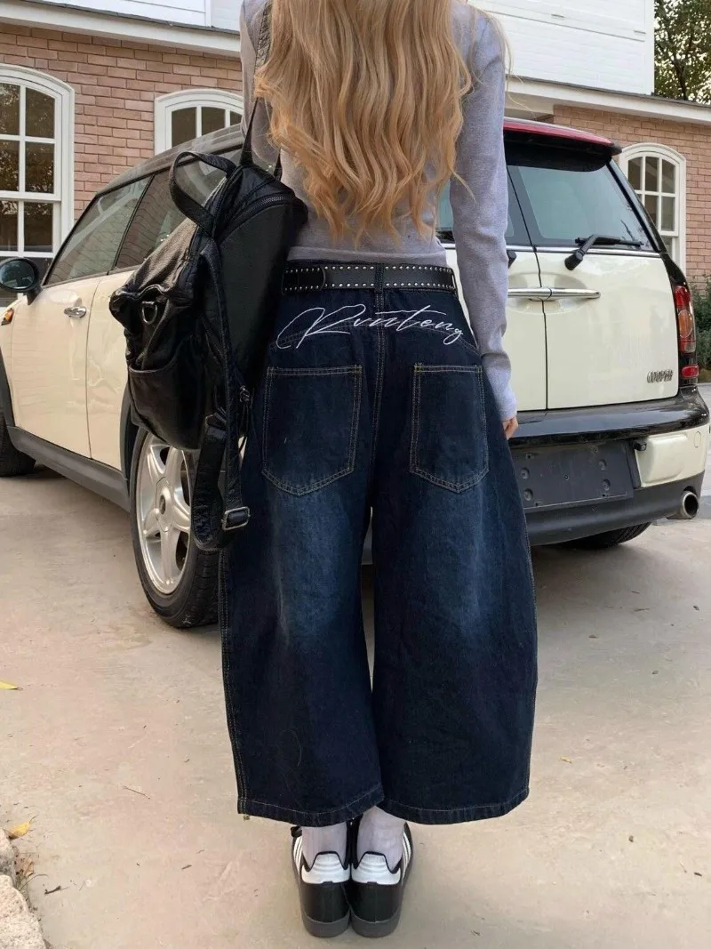 

American Retro Scimitar Baggy Denim Shorts Women Hip-hop Gothic Streetwear Women Harajuku Y2K Embroidered Wide Legs Cargo Pants