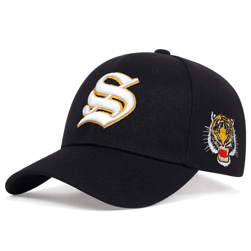 Unisex Baseballkappen mit S-Buchstaben und seitlicher Tiger-Stickerei, verstellbar, für Frühling und Herbst, lässiger Sonnenschutzhut – Detail 4
