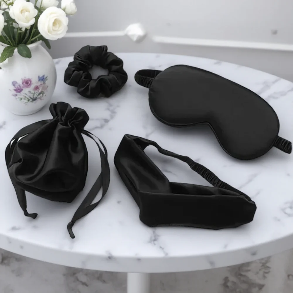 

4PCS Silk Eye Mask Sleeping Set Large Intestine Hair Band Storage Bag Comfortable Soft Breathable Sleeping Mask for Women Men