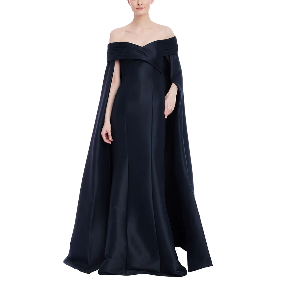 

Formal Evening Dress Navy Blue Satin Off the Shoulder Watteau Train Special Occasion Gowns for Women Cloak Sleeves Party Dresses