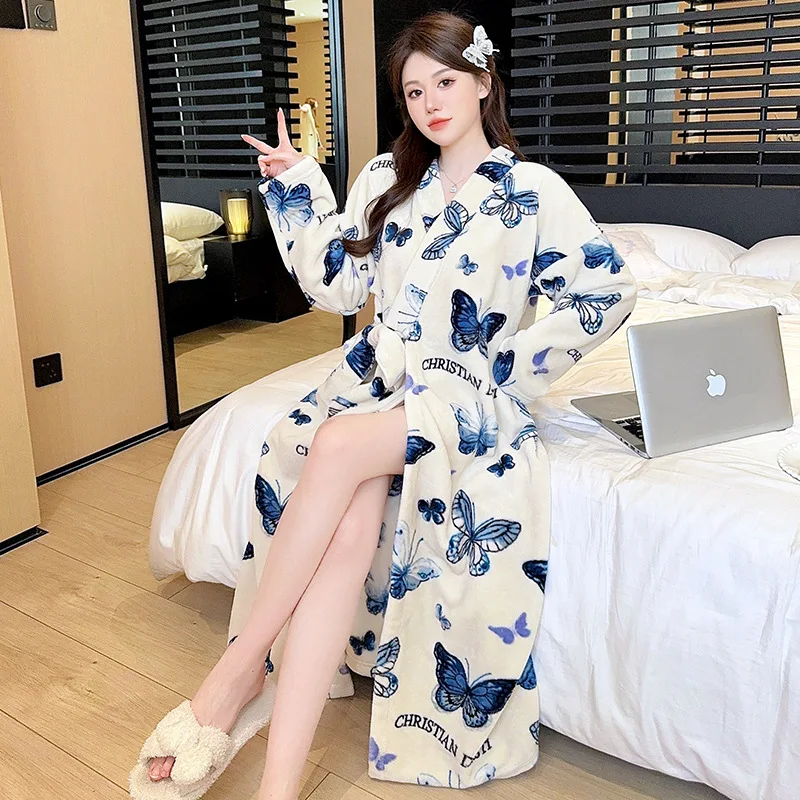 Long Kimono Bathrobe Gown Print Butterfly Flannel Robes Lady Elegant Intimate Lingerie Autumn Winter Sleepwear Loungewear