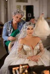 Luxury Dubai  Crystals Wedding Dress Sexy Deep V Neck Off The Shoulder Long Sleeves Court Train Gown