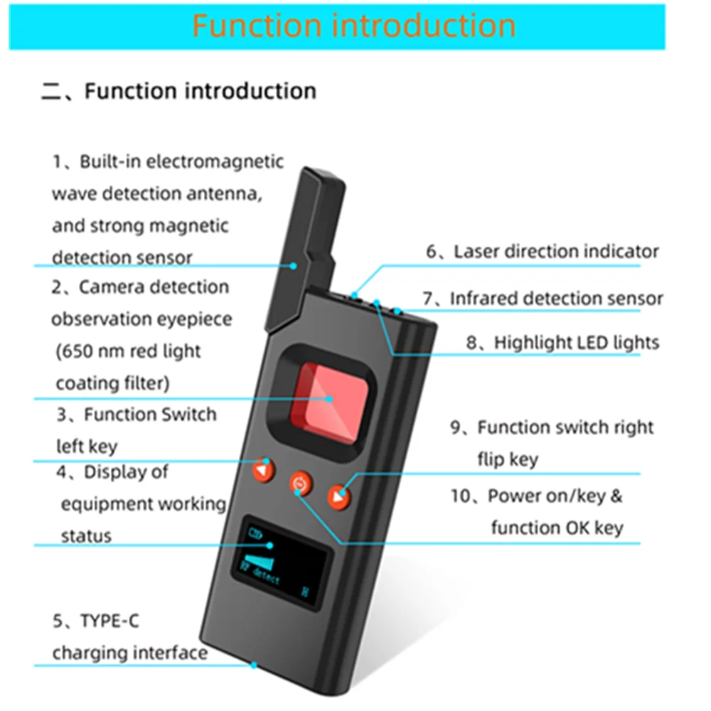 2023 화면 표시기 감지기 카메라 GSM 오디오 버그 파인더 신호 렌즈 RF 추적기, 다기능 자석 GPS 감지 감지