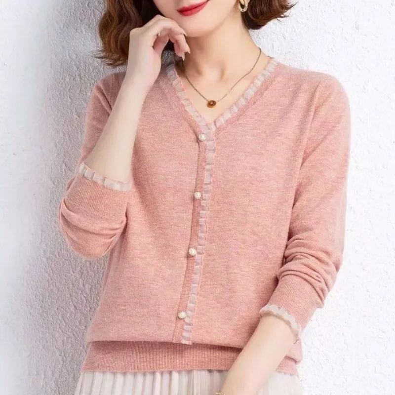 Women\'s 2023 Spring and Autumn Solid Color Pullover V-Neck Knit Ruffles Long Sleeve Button Fashion Sweaters Female Clothing Tops