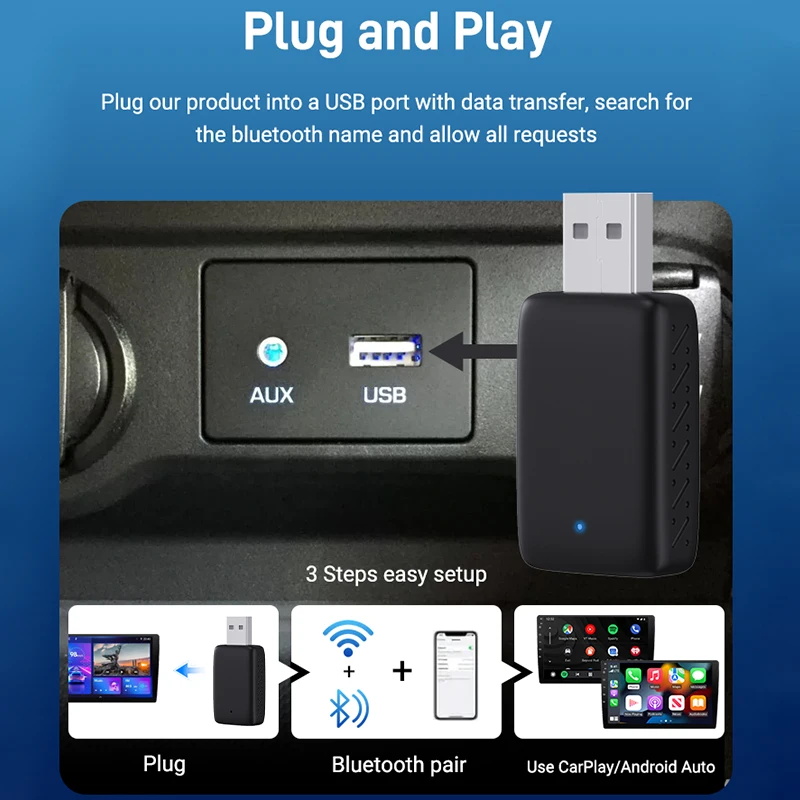 Mini adaptador Acodo 2 en 1 Carplay y Android Auto inalámbrico con cable 5,8 GHz WiFi Plug and Play para coche 99% original con CarPlay con cable